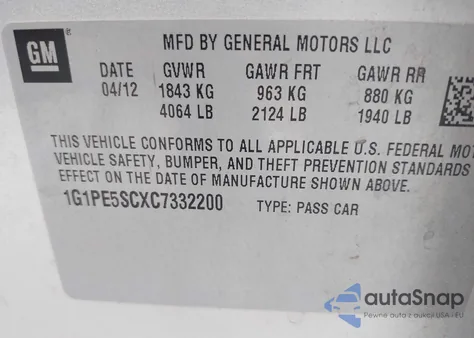 2012 Chevrolet Cruze Lt z USA, uszkodzony, nr VIN 1G1PE5SCXC7332200